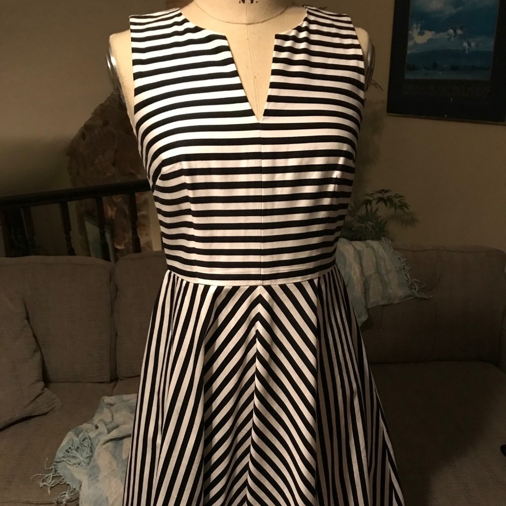 Ann Taylor Knee Length Black & White Striped Dress